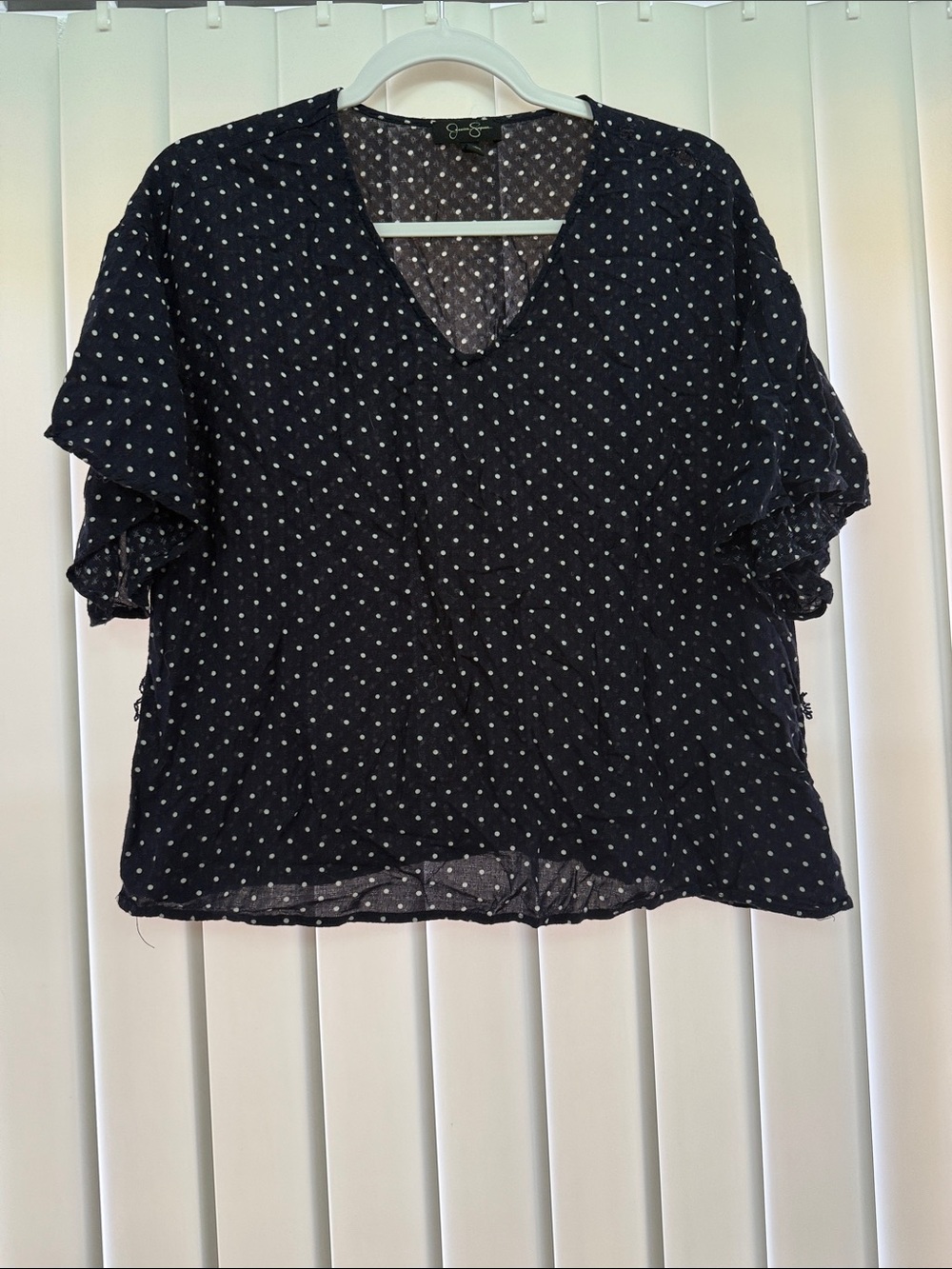 Polka Dot V-Neck Blouse - Navy